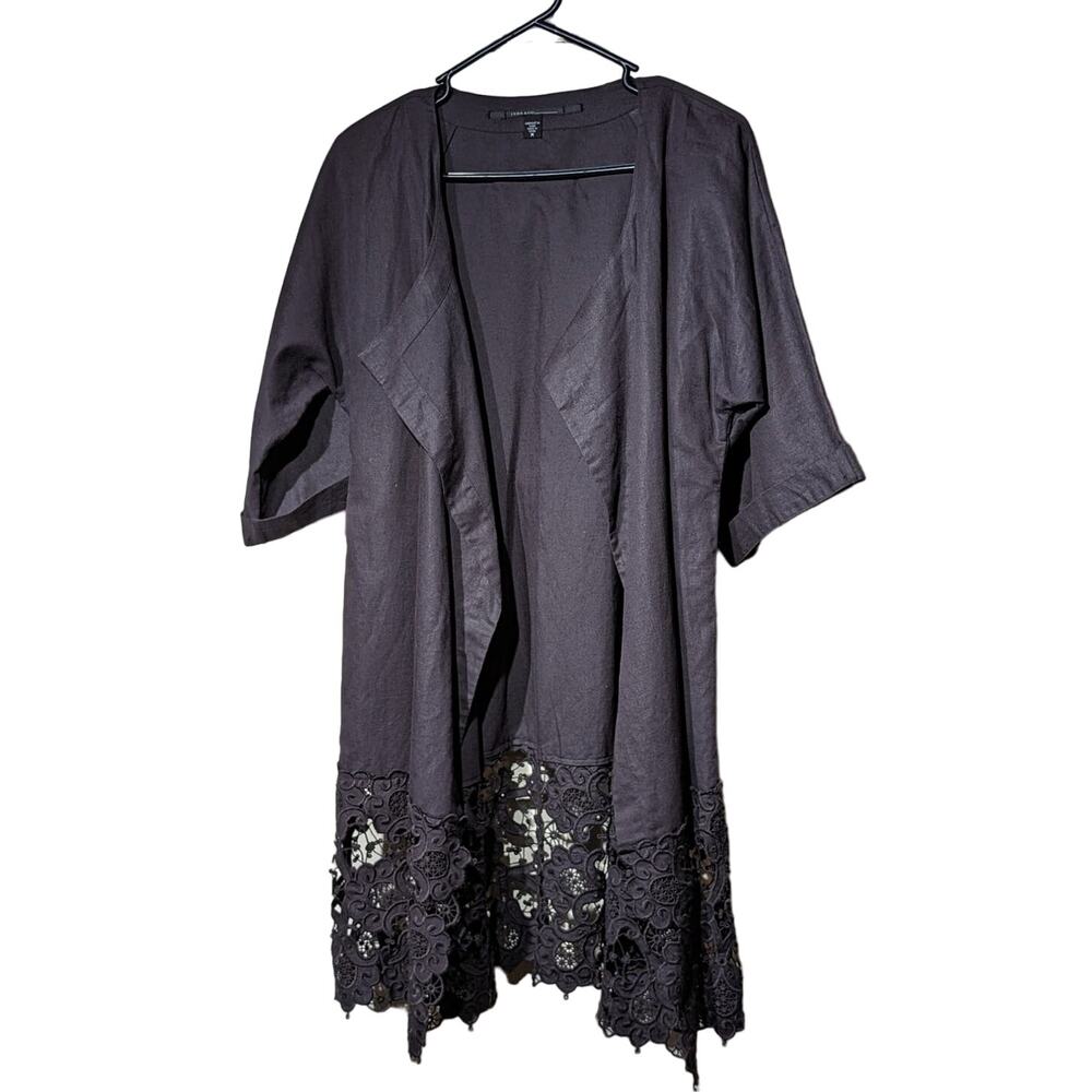 Isda & Co Dark Chocolate Brown Lightweight Wide Lace Hem Open Front Jacket Sz M